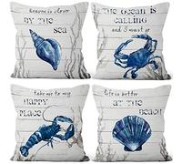 Aoihrraan 20 x 20 Inch White Ocean Theme Cushion Covers Blue Crab Shrimp Conch Shells Sea Square Linen Throw Pillow Covers Home Decorative For Bedroom Indoor Outdoor Sofa Couch, 51x51cm Set of 4