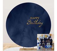 Aoihrraan 200cm Diameter Happy Birthday Round Backdrop Dark Navy Blue Abstract WaterColor Photography Background Kids Birthday Party Decor Supplies Adults Portrait Photo Booth Studio Props