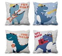 Aoihrraan 22 x 22 Inch Blue Dinosaur Cushion Covers Cartoon Jungle Safari Animals Square Linen Throw Pillow Covers Home Decor For Kids Sofa Boy Bed Living Room Music Party Decor, 56x56cm Set of 4