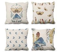 Aoihrraan 22 x 22 Inch Dreamy Fairy Tales Cushion Covers Mushroom Butterfly Moon Watercolor White Square Linen Throw Pillow Covers Home Decor For Bed Living Room Sofa Outdoor Couch, 56x56cm Set of 4