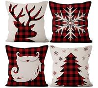 Aoihrraan 22 x 22 Inch Merry Christmas Cushion Covers Xmas Tree Santa Deer Snowflake Square Linen Decorative Throw Pillow Covers Farmhouse Living Room Sofa Car, 56x56cm Set of 4 White Red Plaid