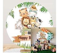 Aoihrraan 220cm Diameter Animals Birthday Round Photography Backdrop, 7ft Cute Jungle Safari Forest Greenery Car Zoo Background 1st 2nd Baby Birthday Newborn Party Kids Portrait Photo Studio Props