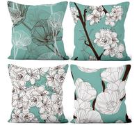 Aoihrraan 22x22 Inch Flowers Pillow Covers Spring Plum Blossom Floral Green Stripes Natural Short Plush Cushion Covers for Bedroom Sofa Couch Chair Home Outdoor Indoor Decor 55x55cm Set of 4