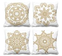 Aoihrraan 24 x 24 Inch Boho Geometric Cushion Covers Brown And White Mandala Flower Soft Short Plush Square Throw Pillow Covers For Living Room Bed Sofa Outdoor Garden Couch, 60x60cm Set of 4