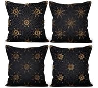 Aoihrraan 24 x 24 Inch Cushion Covers Golden Bohemian Mandala Flower Black Square Linen Throw Pillow Covers Home Decor For Farmhouse Bedroom Living Room Sofa Outdoor Garden Couch, 61x61cm Set of 4
