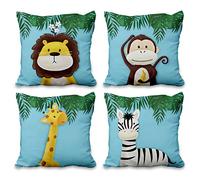 Aoihrraan 24 x 24 Inch Cute Cartoon Animal Cushion Covers Forest Monkey Giraffe Floral Plant Square Linen Baby Blue Decorative Throw Pillow Cover Children's Party Kid Sofa Bed Car, 61x61cm Sets of 4