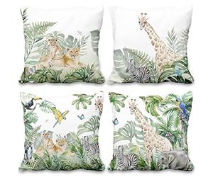 Aoihrraan 24 x 24 Inch Jungle Safari Animals Cushion Covers Watercolor Forest Giraffe Lion Tropical Leaves Square Linen Throw Pillow Covers For Living Room Sofa Outdoor Garden Couch, 60x60cm Set of 4