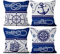 Aoihrraan 24 x 24 Inch Nautical Sailing Cushion Covers Navy Blue White Anchor Navigation Compass Sailboat Square Linen Throw Pillow Covers Bedroom Indoor Outdoor Sofa Garden Couch, 61x61cm Set of 4