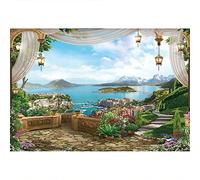 Aoihrraan 3,5x2,5m European Garden Backdrop White Yarn Curtain Flowers Aerial View Town Blue Ocean Snow Mountain Photography Background Lover Bridal Shower Wedding Party Cake Table Decor Photo Props