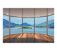 Aoihrraan 3,5x2,5m Sea View Room Backdrop Office Sash Window Mountains Island Wood Floor Photography Background Work at Home Video Meeting Decor Banner Business Man Woman Portrait Photo Studio Props
