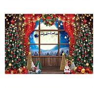 Aoihrraan 3x2m Christmas Windowsill Photography Backdrop Xmas Tree Red Curtain Santa Claus Reindeer Full Moon Winter Night Background New Year Festival Family Party Portrait Photo Studio Props