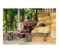 Aoihrraan 3x2m Vintage Tractors Backdrop Countryside Farm Barn Haystacks Hay Bales Rural Scene Photography Background Cowboys Party Decoration Kids Adults Wedding Portrait Photo Studio Props