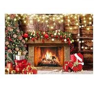 Aoihrraan 5x3ft Merry Christmas Backdrop Fireplace Xmas Tree Red Gift Brown Wooden Wall Photography Background Happy New Year Xmas Eve Family Holiday Party Decoration Portrait Photo Studio Props