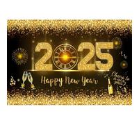 Aoihrraan 6x4ft Happy New Year Backdrop 2025 Glitter Gold Fireworks Halos Shining Dots Golden Clocks Countdown Champagne Glass Ribbon Photography Background Merry Christmas Eve Photo Studio Props