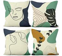 Aoihrraan Abstract Cushion Covers Set of 4, Boho Minimalist Throw Pillow Covers Man Face Woman Body Leaves Geometric Line Short Plush Square Pillowcase for Sofa Couch Bedroom Car Home Decor 16"x16"