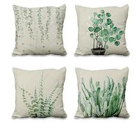Aoihrraan Cushion Covers Pack of 4, 46 x 46 cm Green Cactus Willow Leaves Throw Pillow Covers Modern Decorative Square Pillow Case, Linen Throw Pillowcases With Invisible Zipper for Sofa Car Bedroom