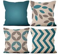 Aoihrraan Cushion Covers, Set of 4 Modern Cyan Blue Lines Pillowcase Square Linen Throw Pillow Cover With Invisible Zipper for Sofa Car Outdoor Garden Bed Couch House Decorative 16" X 16"