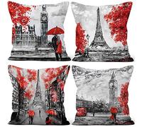 Aoihrraan Eiffel Tower Cushion Covers Set of 4, Big Ben Pattern Throw Pillow Covers Red Romantic Tree Umbrella Soft Short Plush Square Pillowcase for Sofa Couch Bedroom Car Chair Home Decor 20"x20"