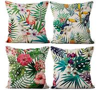 Aoihrraan Tropical Cushion Covers Pack of 4, 16x16 Inch Summer Hawaiian Flamingo Palm Leaves Throw Pillow Covers Square Pillow Case, Linen Throw Pillowcases With Invisible Zipper for Sofa Car Bedroom