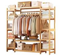 aoiuaoeniu Bamboo Clothes Rail, Portable Extra Large Garment Rack, with 2 Hanging Rod and 11 Storage Shelves, Height: 160CM, for Hallway Entryway Bedroom : 110/120/130/140/160CM (Wood Color)