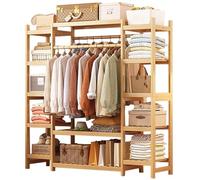 aoiuaoeniu Bamboo Clothes Rail, Portable Extra Large Garment Rack, with 2 Hanging Rod and 11 Storage Shelves, Height: 160CM, for Hallway Entryway Bedroom : 110/120/130/140/160CM (Wood Color)