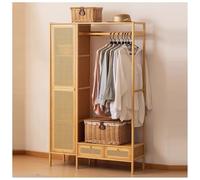 aoiuaoeniu Rattan Wardrobe Closet with Rattan Cane Doors and 2 Drawer, Rattan Cabinet and Hanging Rail, Sturdy Bamboo Construction, for Bedroom Closet Hallway : 102x33x160CM