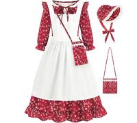 Aoiviss Pioneer Little Girl's Colonial Floral Dress with Apron and Hat, Dark Red