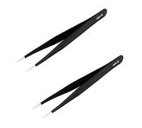Aoje-Link ESD-10 Professional Anti-Static Precision Technology Tweezers, Non-Magnetic Straight Pointed Tip, Stainless Steel Plastic Coated, Full Length 120mm, Black, 2pcs