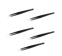 Aoje-Link ESD-11 Professional Anti-Static Precision Technology Tweezers, Non-Magnetic Fine Tip Straight, Stainless Steel Plastic Coated, Full Length 142mm, Black, 5pcs