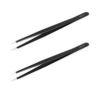 Aoje-Link ESD-11 Professional Anti-Static Precision Technology Tweezers, Non-Magnetic Fine Tip Straight, Stainless Steel Plastic Coated, Full Length 142mm, Black, 2pcs