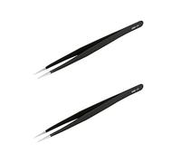 Aoje-Link ESD-11 Professional Anti-Static Precision Technology Tweezers, Non-Magnetic Fine Tip Straight, Stainless Steel Plastic Coated, Full Length 142mm, Black, 2pcs
