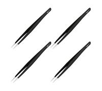 Aoje-Link ESD-11 Professional Anti-Static Technology Tweezers, Non-Magnetic Fine Tip Straight, Stainless Steel Plastic Coated, Full Length 142mm, Black, 4pcs