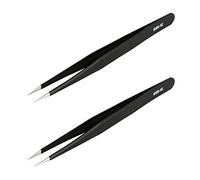 Aoje-Link ESD-12 Professional Anti-Static Precision Technology Tweezers, Non-Magnetic Fine Tip Straight, Stainless Steel Plastic Coated, Full Length 135mm, Black, 2pcs