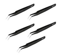 Aoje-Link ESD-15 Professional Anti-Static Precision Technology Tweezers, Non-Magnetic Fine Tip Curved, Stainless Steel Plastic Coated, Full Length 120mm, Black, 5pcs