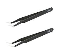 Aoje-Link ESD-17 Professional Anti-Static Precision Technology Tweezers, Non-magnetic Fine Tip Curved, Stainless Steel Plastic Coated, Full Length 125mm, Black, 2pcs