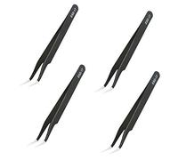 Aoje-Link ESD-17 Professional Anti-Static Precision Technology Tweezers, Non-Magnetic Fine Tip Curved, Stainless Steel Plastic Coated, Full Length 125mm, Black, 4pcs