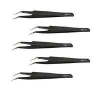 Aoje-Link ESD-17 Professional Anti-Static Precision Technology Tweezers, Non-Magnetic Fine Tip Curved, Stainless Steel Plastic Coated, Full Length 125mm, Black, 5pcs