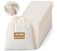 AojSup 15 Pack Premium Cotton Drawstring Bags, Muslin Bags with Drawstring for Storage, 15.74 x 12.2 Inch 100% Cotton Storage Bag for Handbags Purses Shoes