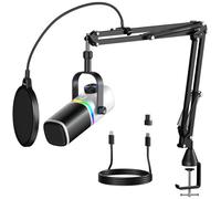 Aokeo Microphone for PC With mic arm, AK-10 USB/XLR Dynamic Desktop Microphone for Gaming,Podcast,Streaming with RGB Light,Volume Control,Mute Button,Noise Reduction（White）