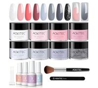 Aokitec 8 Colours Nail Dip Powder Starter Kit, Pink Gray Glitter White Black Dip Acrylic Powder with Dip Base Top Activator Brush Saver for Nail Art Beginner, No Nail Lamp Needed, Gift for Women Girls