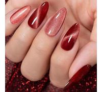 Aokitec Press On Nails Short - Almond False Acrylic Nails with Nail File & Nail Sticky Tabs, 24 Red Cat Eye Full Cover Stick on Nails in 12 Sizes Easy to Carry & Long-Lasting for Women Salon Home DIY