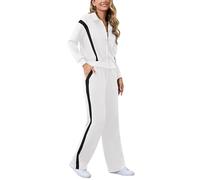 Aokivvy Lounge Sets for Women Sweatsuits 2 Piece Outfits Zip Up Sweatshirt Striped Wide Leg Sweatpants Tracksuit Matching Set, White, Medium