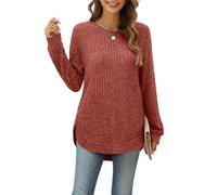 Aokosor Ladies Jumpers for Women UK Long Sleeve Tops Side Split Women Jumpers Curved Hem Ladies Tunic Tops Womens Jumper 6-8 Caramel