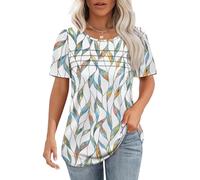 Aokosor Ladies Tops Size 18-20 UK Womens Long T Shirts Summer Short Puff Sleeve Tshirt Pleated Front Curved Hem Tees Casual Loose Fit Colorful Leaf