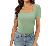Aokosor Ladies Tops Womens Summer T Shrits Square Neck Top Slim Fit Short Sleeve Tees Ribbed Green Tops Size 14-16