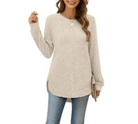 Aokosor Long Sleeve Tops for Women UK Jumpers Side Split Curved Hem Ladies Tunic Tops Jumper 22-24 Beige