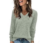 Aokosor Long Sleeve Tops Women UK- V Neck Jumpers for Women Ladies Basic Lightweight Tunic Cream Green Size 22-24