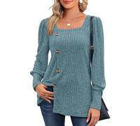 Aokosor Long Sleeve Tops Womens Jumpers for Ladies Lightweight Square Neck Button Tunic Blue Size 6-8