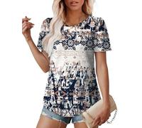 Aokosor Summer Tops for Women UK Crewneck Puff Sleeve T Shirts Eyelet Embroidery Ladies Blouse Cute Tops Dressy Casual Abstract Print Size 6-8