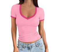 Aokosor Summer Tops V Neck Ribbed T Shirts Tunic Tops for Women UK Basic Tee Y2K Tops Size 6-8 Light Pink